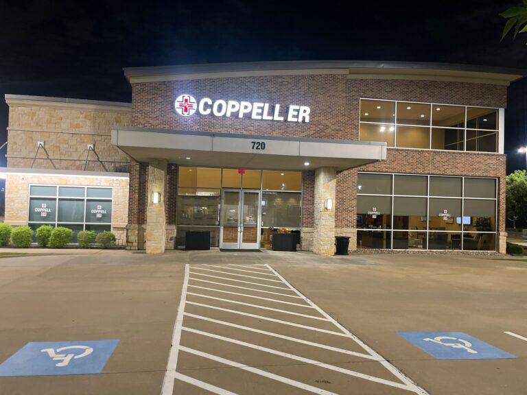 Exterior view of Coppell Emergency Room in Coppell, TX, offering prompt and high-end emergency services with no wait times and no surprise billing. About Our Facility.